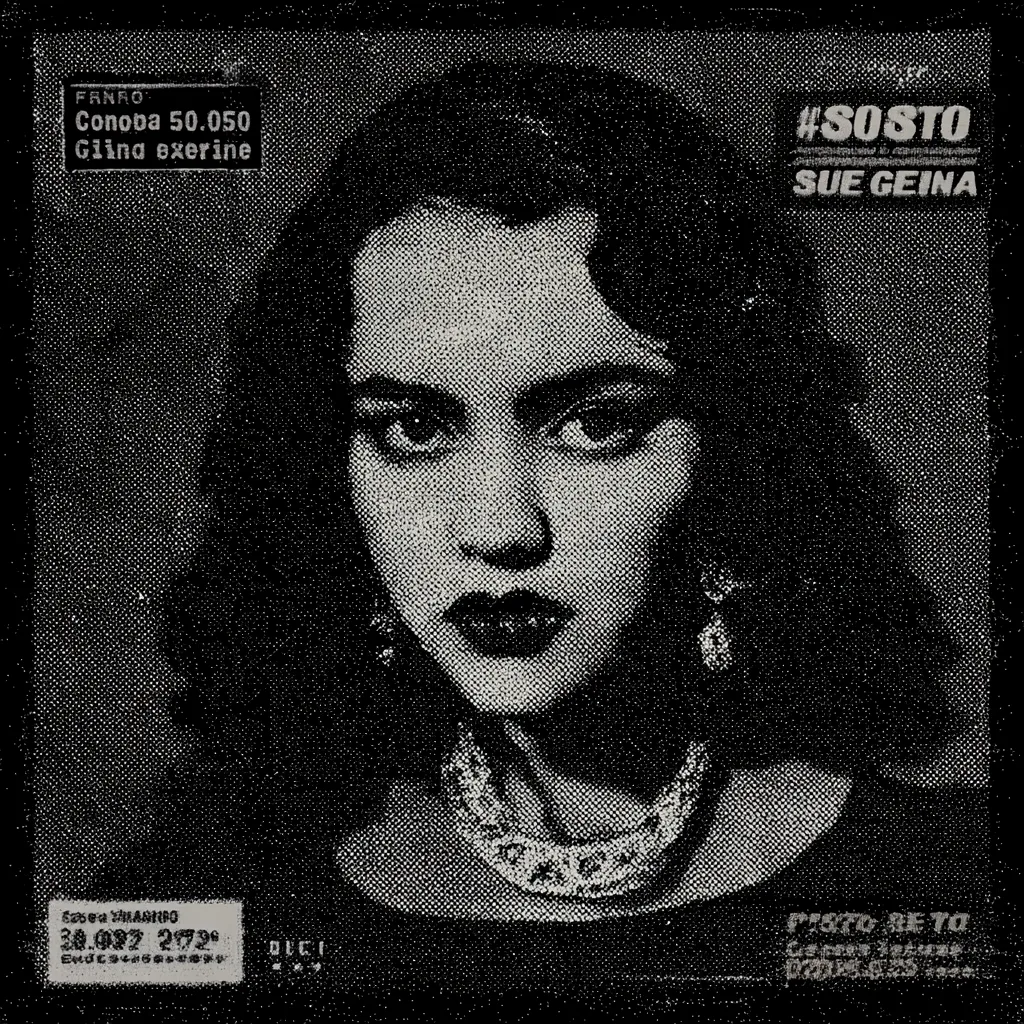 Portada de revista en blanco y negro con textura granulada, con el retrato de una mujer de cabello oscuro rizado, collar de perlas y aretes, rodeada de texto ilegible en la parte superior e inferior.
