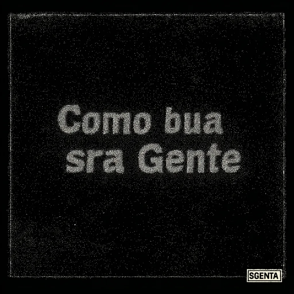 Fondo negro con textura granulada tipo estática, con el texto en letras grises "Como bua sra Gente" en el centro y un pequeño logotipo blanco en la esquina inferior derecha.