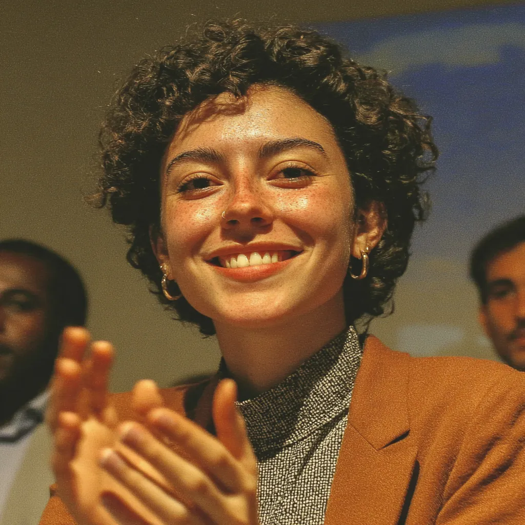 Mujer joven de cabello oscuro rizado sonriendo y aplaudiendo, con chaqueta color óxido sobre suéter gris y aretes de aro dorados, con dos personas borrosas detrás en un evento interior.