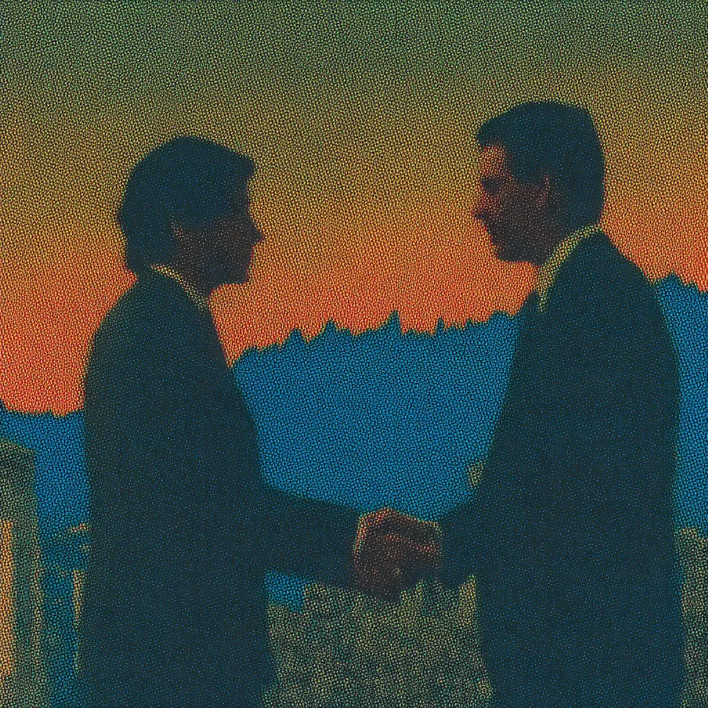 Ilustración con textura de puntos de dos hombres en traje dándose la mano en silueta, frente a un fondo de cielo en degradado naranja y azul sobre una cordillera.