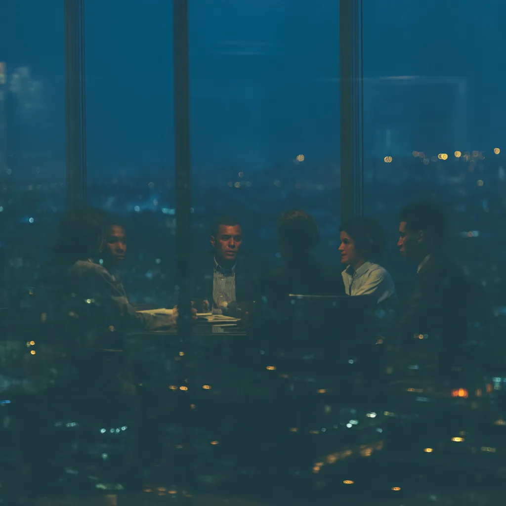 Vista nocturna a través de un vidrio de cinco personas sentadas alrededor de una mesa en una sala en un piso alto, con las luces de la ciudad iluminadas abajo.