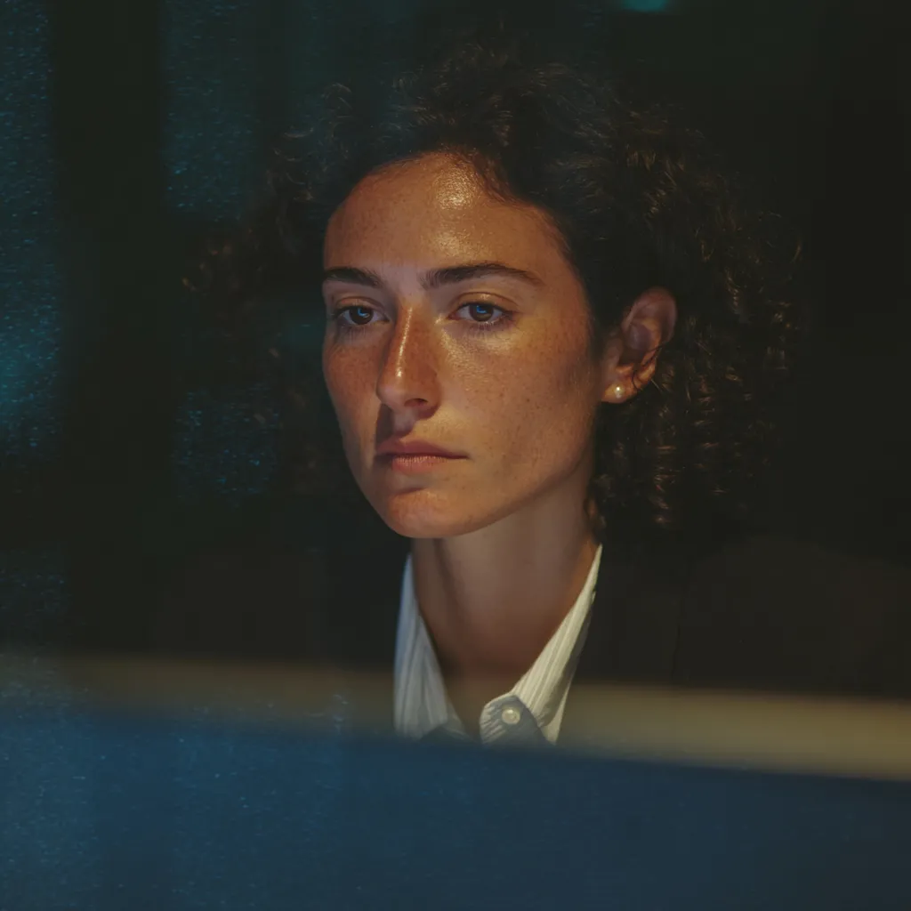 Retrato de una mujer de cabello rizado oscuro mirando de frente con expresión seria, iluminada de un lado por luz cálida y del otro por el resplandor azulado de una pantalla, sobre fondo oscuro.