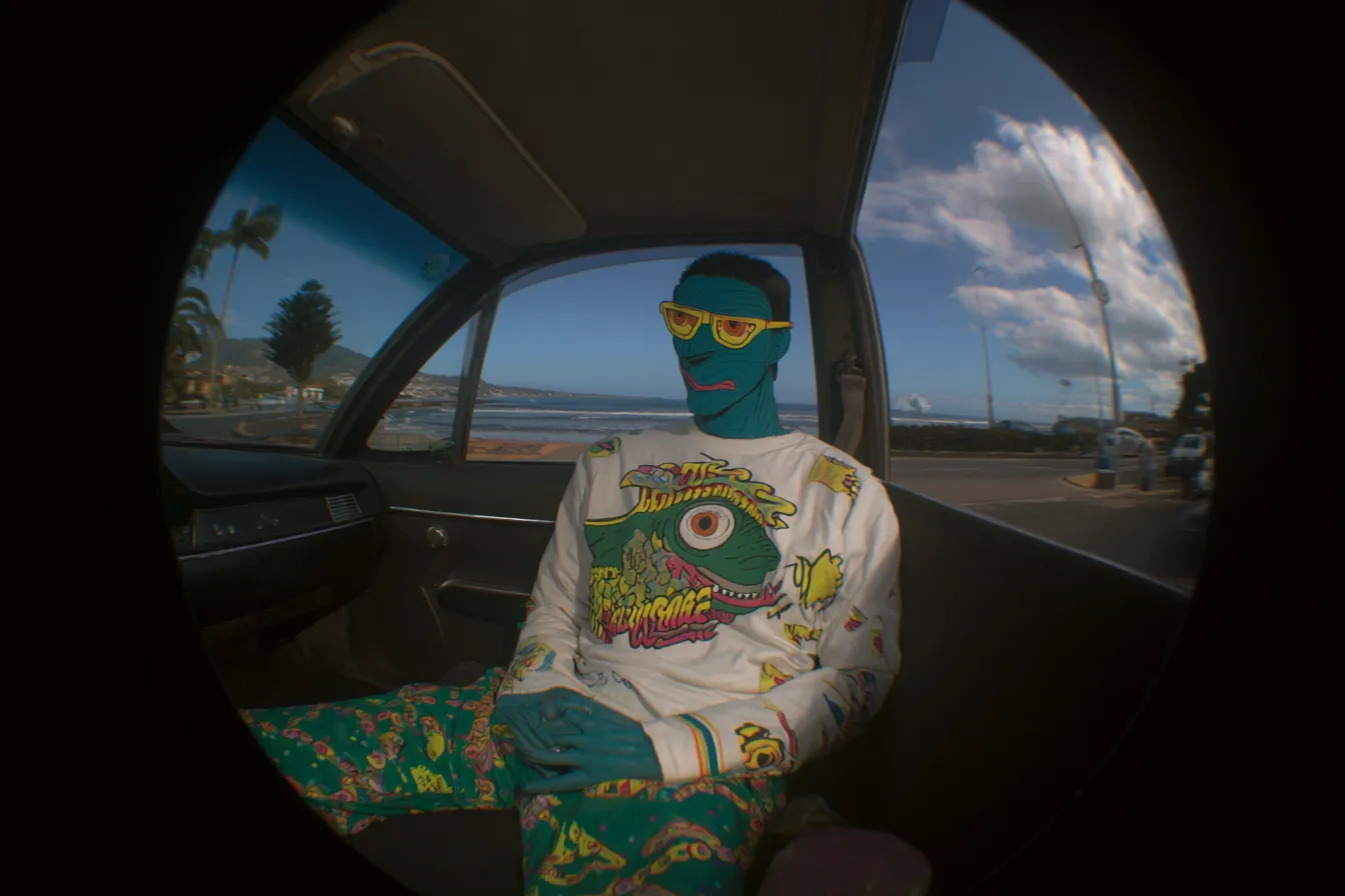 Fotografía con lente ojo de pez tomada a través de la ventana de un auto, de un joven con la piel de tono turquesa, gafas de sol amarillas y suéter con estampado de ojo, con una playa y palmeras de fondo.