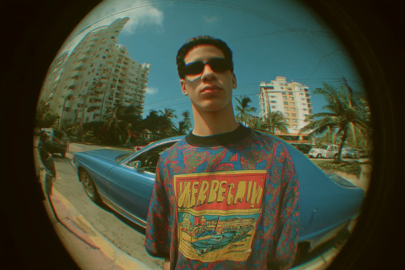 Fotografía con lente ojo de pez de un joven con gafas de sol y camiseta gráfica frente a un auto clásico azul, con edificios y palmeras curvados de fondo por la distorsión del lente.