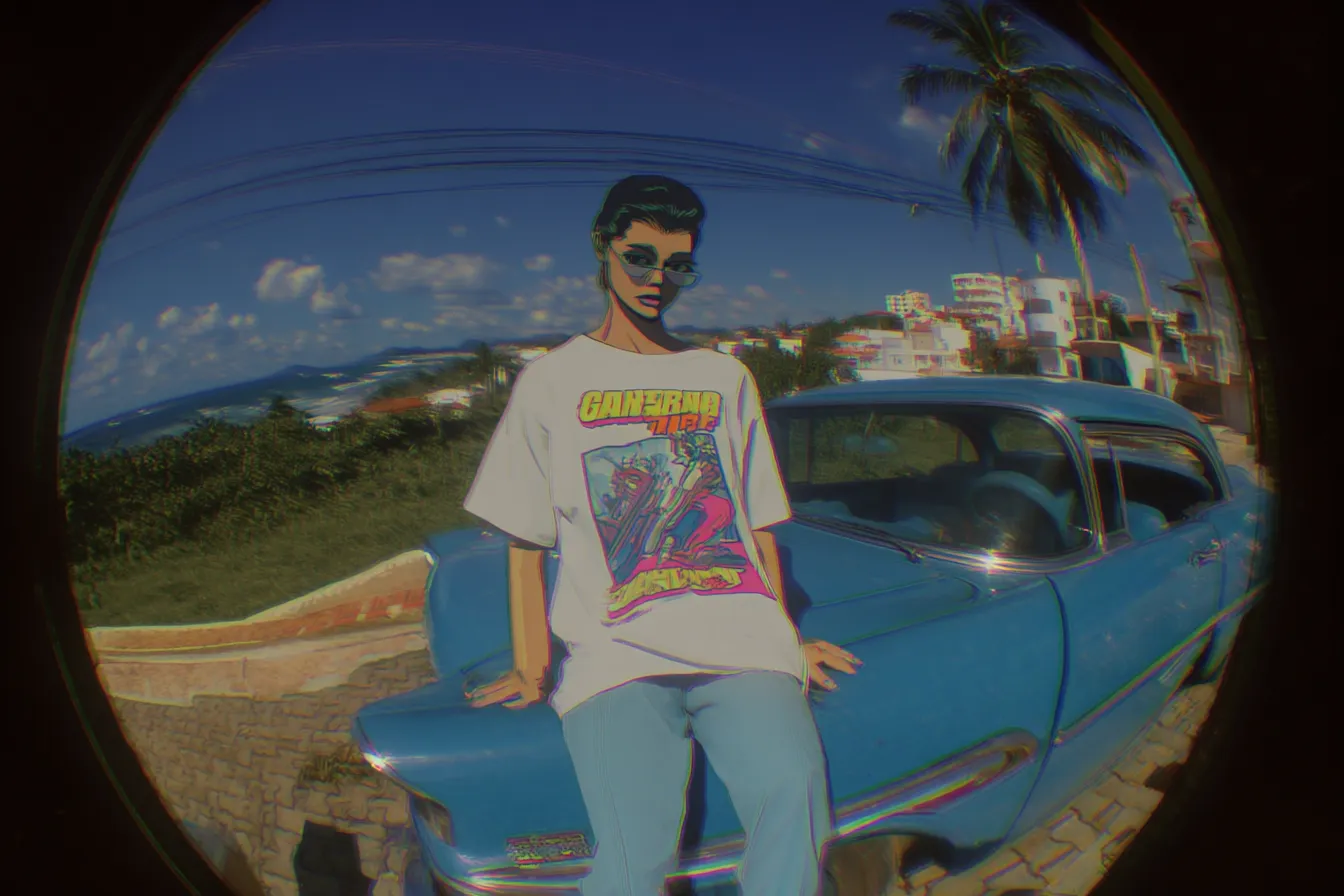 Fotografía con lente ojo de pez de un joven con gafas de sol y camiseta blanca con estampado, recostado sobre un auto clásico azul, con una palmera y edificios en la colina al fondo.