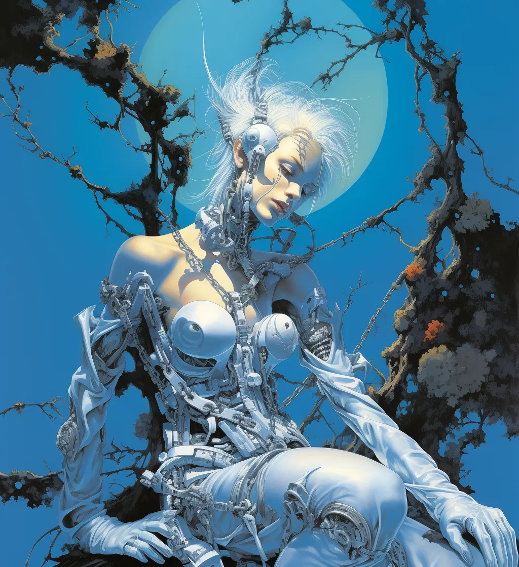 Ilustración de fantasía en tonos azules de una figura femenina con partes mecánicas visibles en el pecho y los brazos, cabello blanco alborotado, encadenada, sentada entre ramas de árbol con una luna llena detrás.
