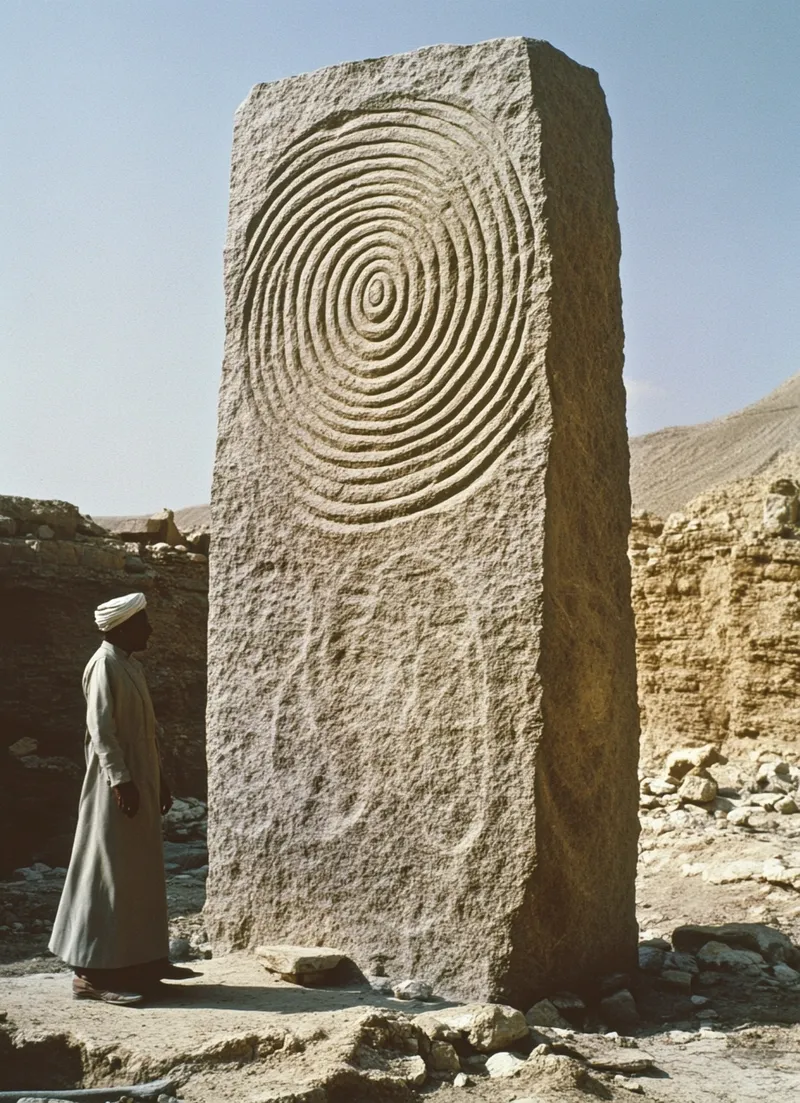 Hombre con túnica y turbante blancos de pie junto a un monolito de piedra tallado con un patrón de círculos concéntricos, en un paisaje desértico con ruinas al fondo.