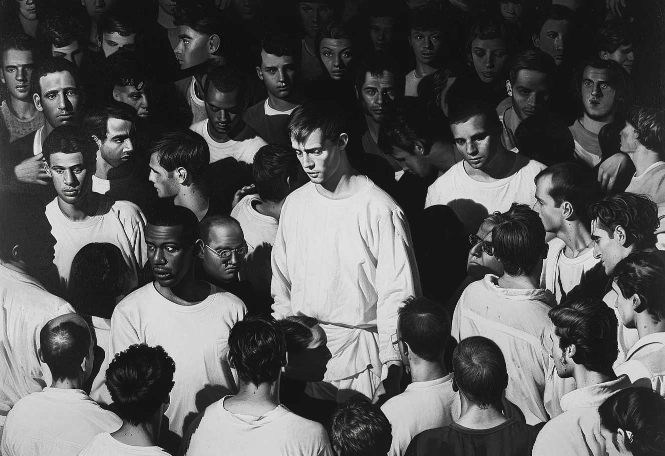 Fotografía en blanco y negro de una multitud densa de hombres jóvenes, la mayoría con camisas claras, con un hombre en el centro vestido completamente de blanco que mira hacia la cámara.