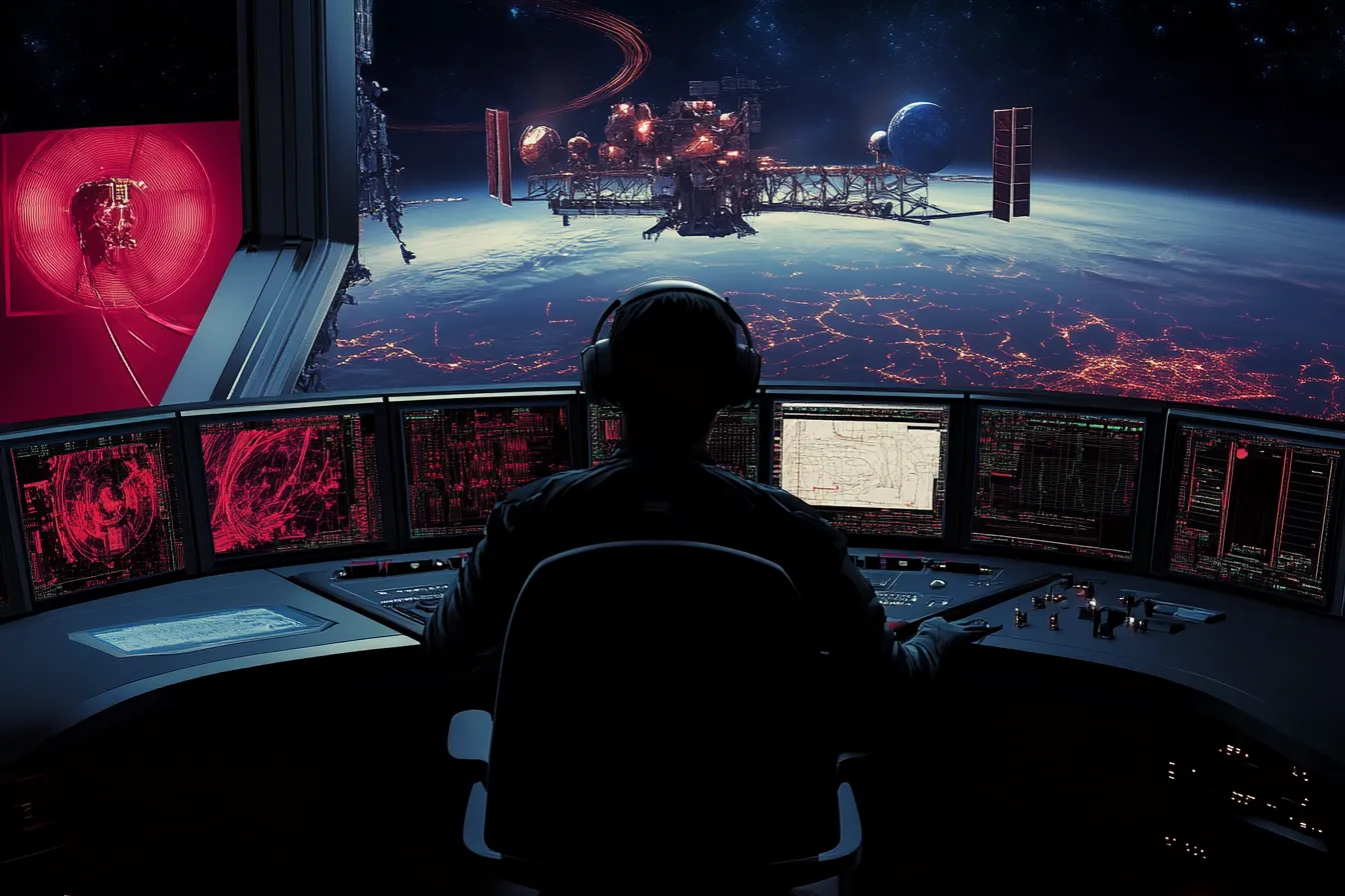 Silueta de una persona con auriculares sentada frente a una consola de control con múltiples pantallas, mirando a través de un ventanal hacia una estación espacial y la Tierra iluminada de noche, con un monitor en tono rojo a la izquierda.