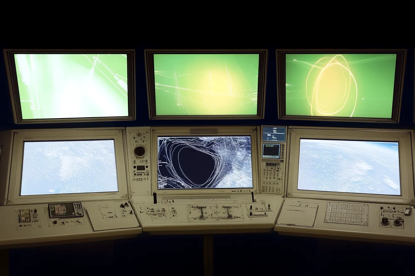 Panel de seis pantallas en una sala de control oscura: las tres superiores muestran trazos de luz verde abstractos y las tres inferiores muestran imágenes de la Tierra y datos de radar, sobre un tablero de controles.