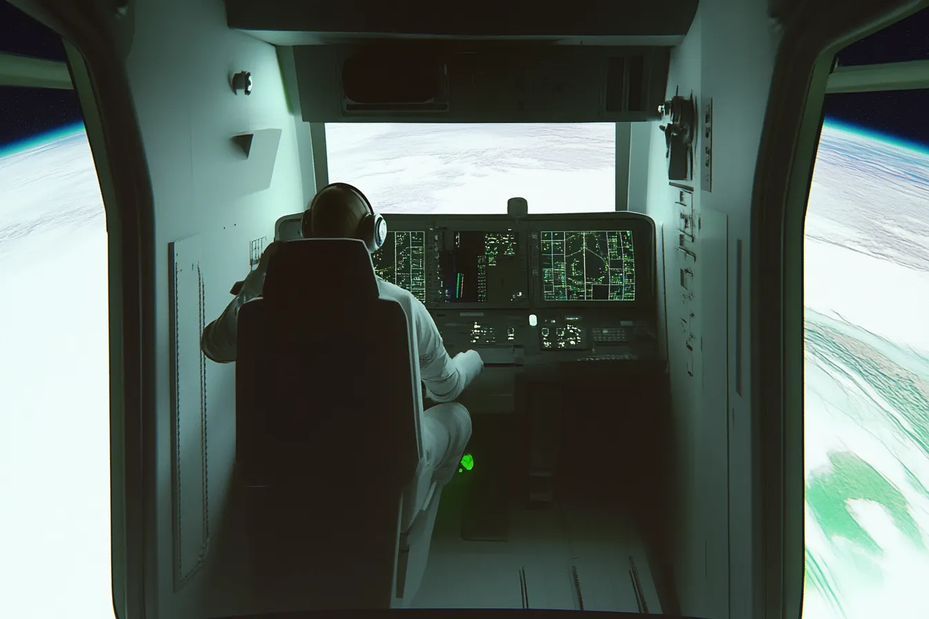 Interior de una cabina de nave espacial con una persona de traje blanco y auriculares sentada de espaldas frente a los controles, mirando a través de la ventana la curvatura de la Tierra y las nubes.