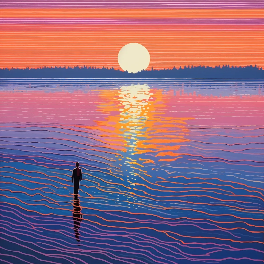 Ilustración con líneas horizontales de una persona en silueta caminando dentro del agua hasta la cintura, frente a un atardecer con el sol reflejado en el agua, en tonos naranja, rosado y azul.