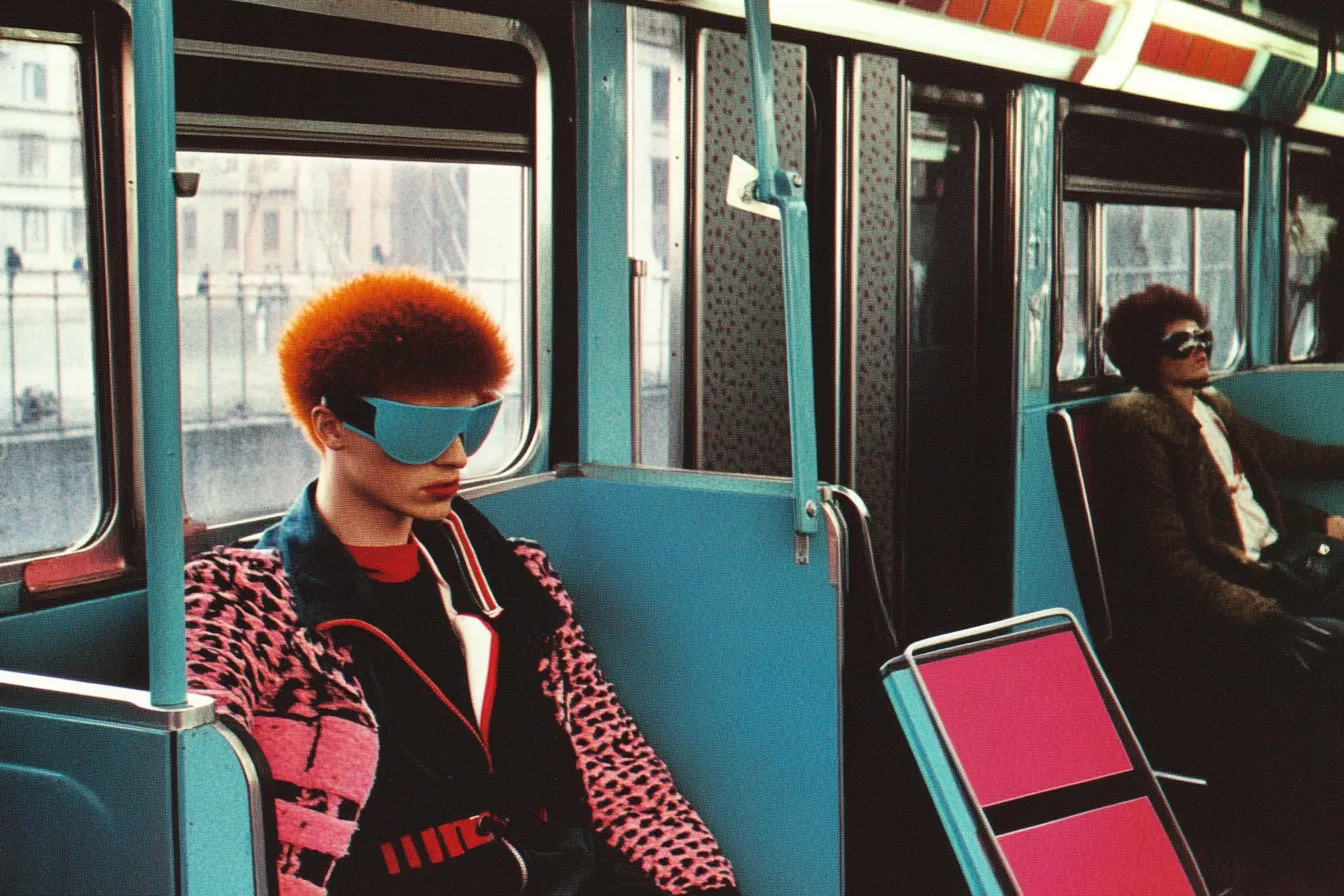 Joven de cabello rizado color naranja y gafas de sol espejadas, con chaqueta de patrón pata de gallo en rosa y negro, sentado en un vagón de transporte público con interior color turquesa.