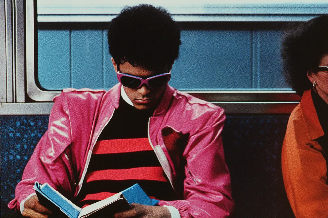 Joven de cabello oscuro rizado y gafas de sol moradas, leyendo un libro, vestido con chaqueta de cuero rosa y suéter de rayas rojas y negras, sentado en un transporte público.