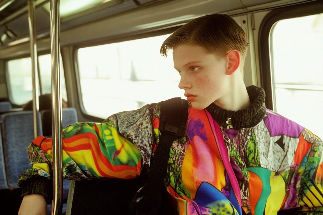 Joven de perfil mirando por la ventana de un transporte público, con chaqueta de patrón abstracto multicolor y una mano sosteniendo un pasamanos, con luz diurna entrando por la ventana.