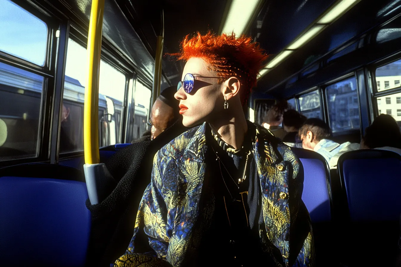 Joven de cabello rojo en cresta, gafas de sol espejadas y arete de aro dorado, vestido con chaqueta de brocado azul y dorado, sentado en un autobús iluminado por luz solar directa, con pasajeros borrosos al fondo.