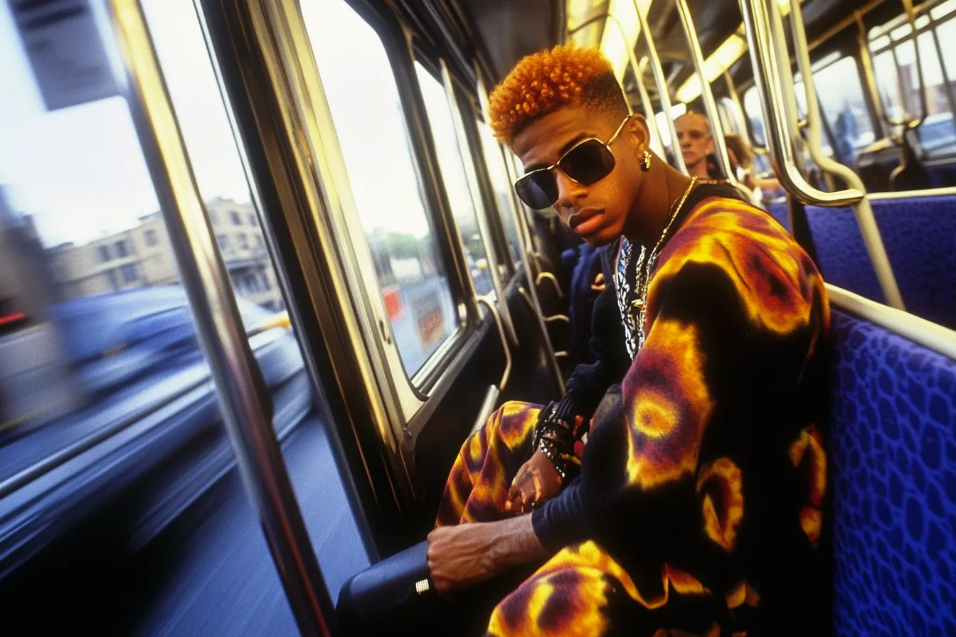 Joven con cabello rizado naranja y gafas de sol, sentado en un autobús con una chaqueta estampada en naranja, amarillo y negro, mirando por la ventana con la ciudad desenfocada al fondo.