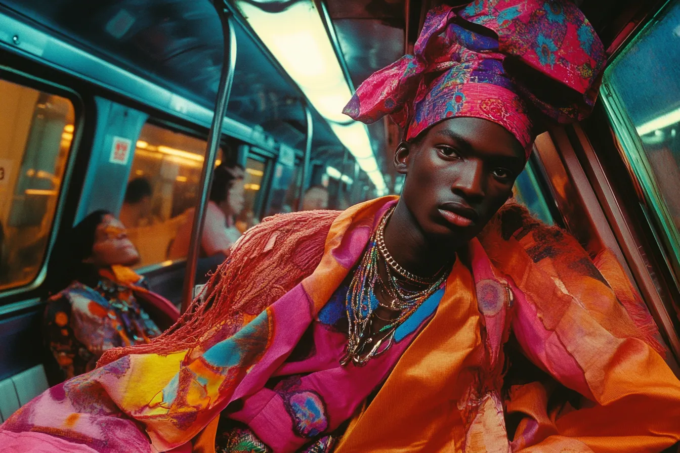 Persona con turbante de tela estampada en rosa, azul y dorado, y chaqueta satinada naranja con collares plateados, sentada en un vagón de metro; otro pasajero se ve borroso al fondo.