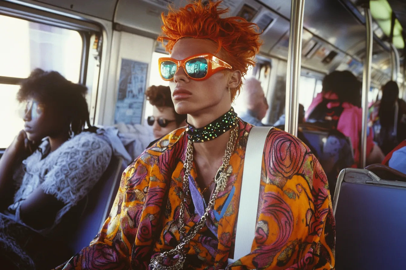 Persona con cabello corto y puntiagudo teñido de naranja, gafas de sol con montura roja y chaqueta estampada en naranja y morado, sentada en un autobús junto a otros pasajeros.