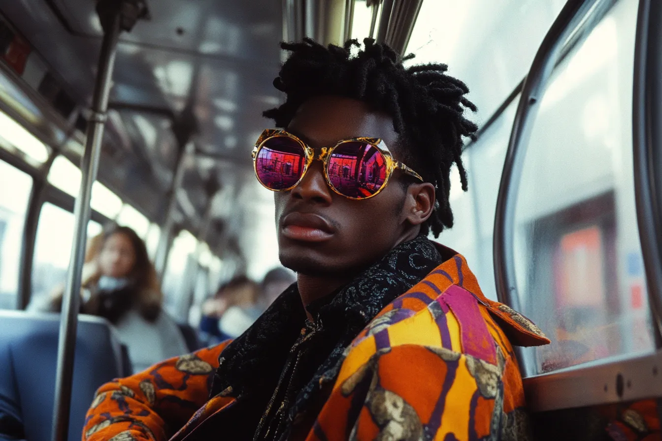 Hombre con rastas y gafas de sol redondas de montura dorada y cristales rosados, con chaqueta estampada en naranja y morado, sentado en un autobús o metro.