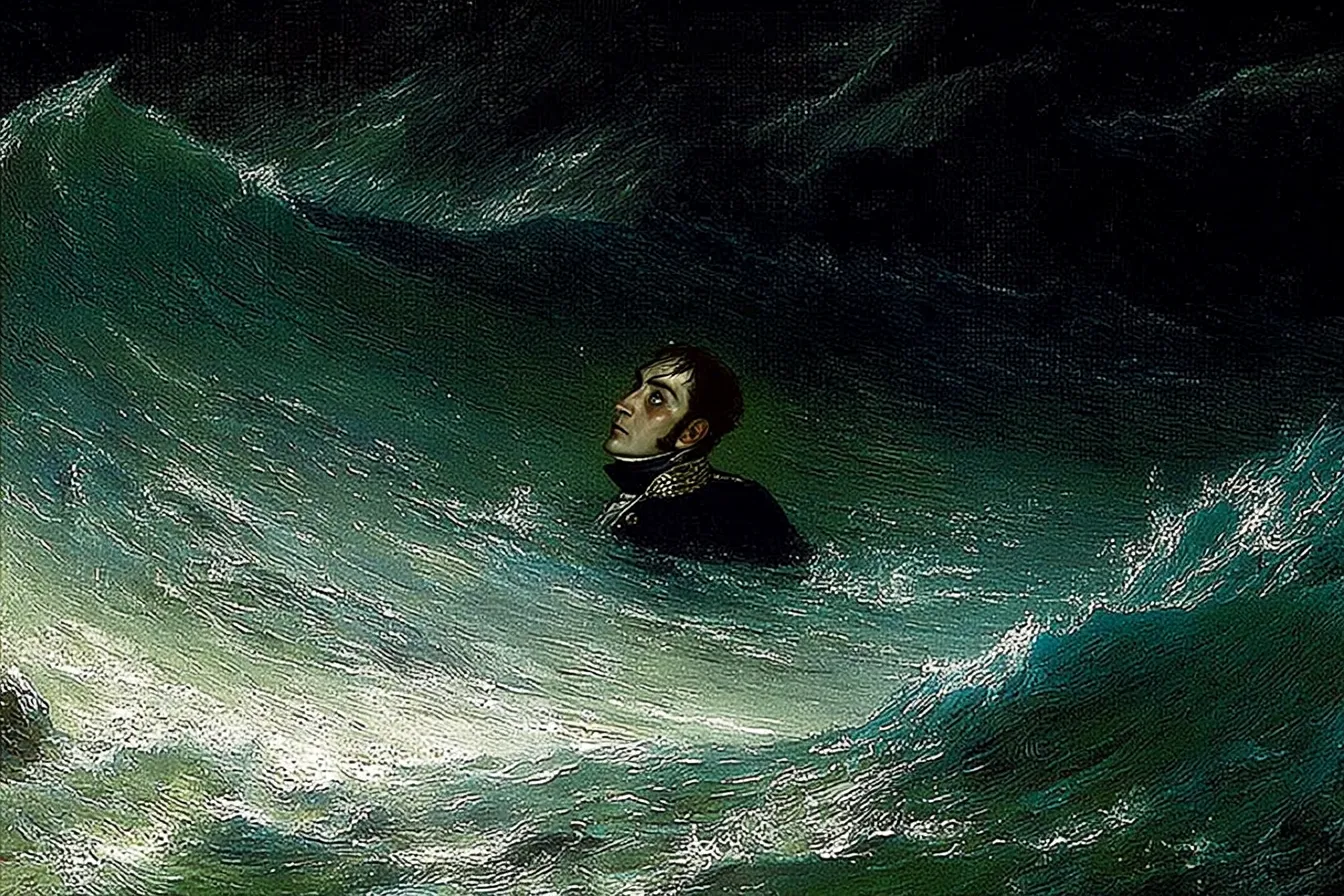 Pintura de un hombre sumergido hasta el cuello en un mar tormentoso de aguas verdes oscuras, con una gran ola detrás y cielo nublado.