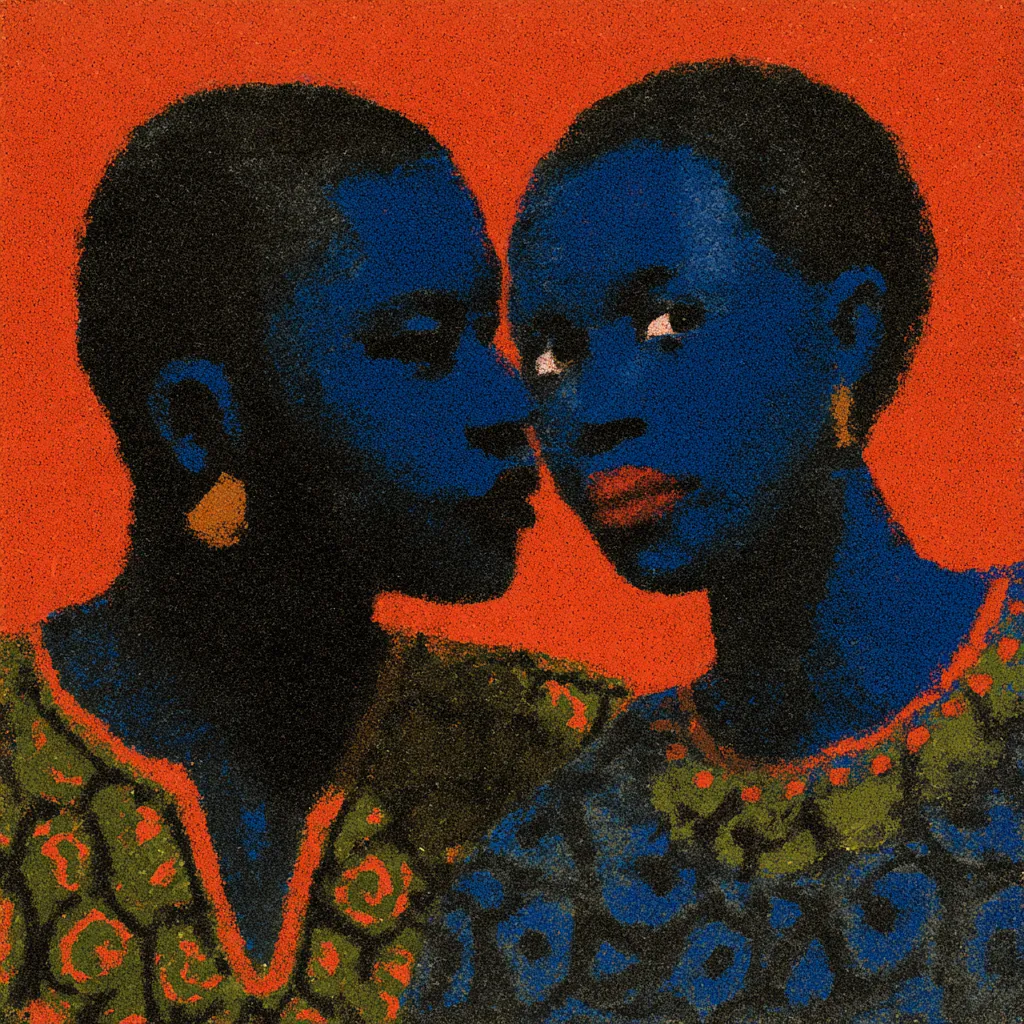 Ilustración de dos personas de piel azul, de perfil, mirándose de cerca con las narices casi tocándose, sobre fondo rojo, con ropa estampada en verde y naranja.