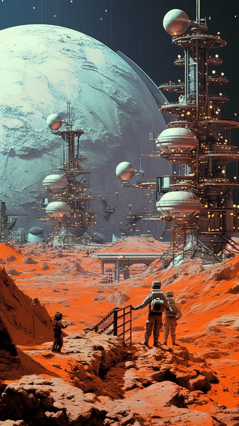Ilustración de un paisaje de terreno rocoso naranja con torres futuristas de cúpulas blancas, un planeta gigante en el cielo, y tres personas con trajes espaciales caminando por una escalinata.