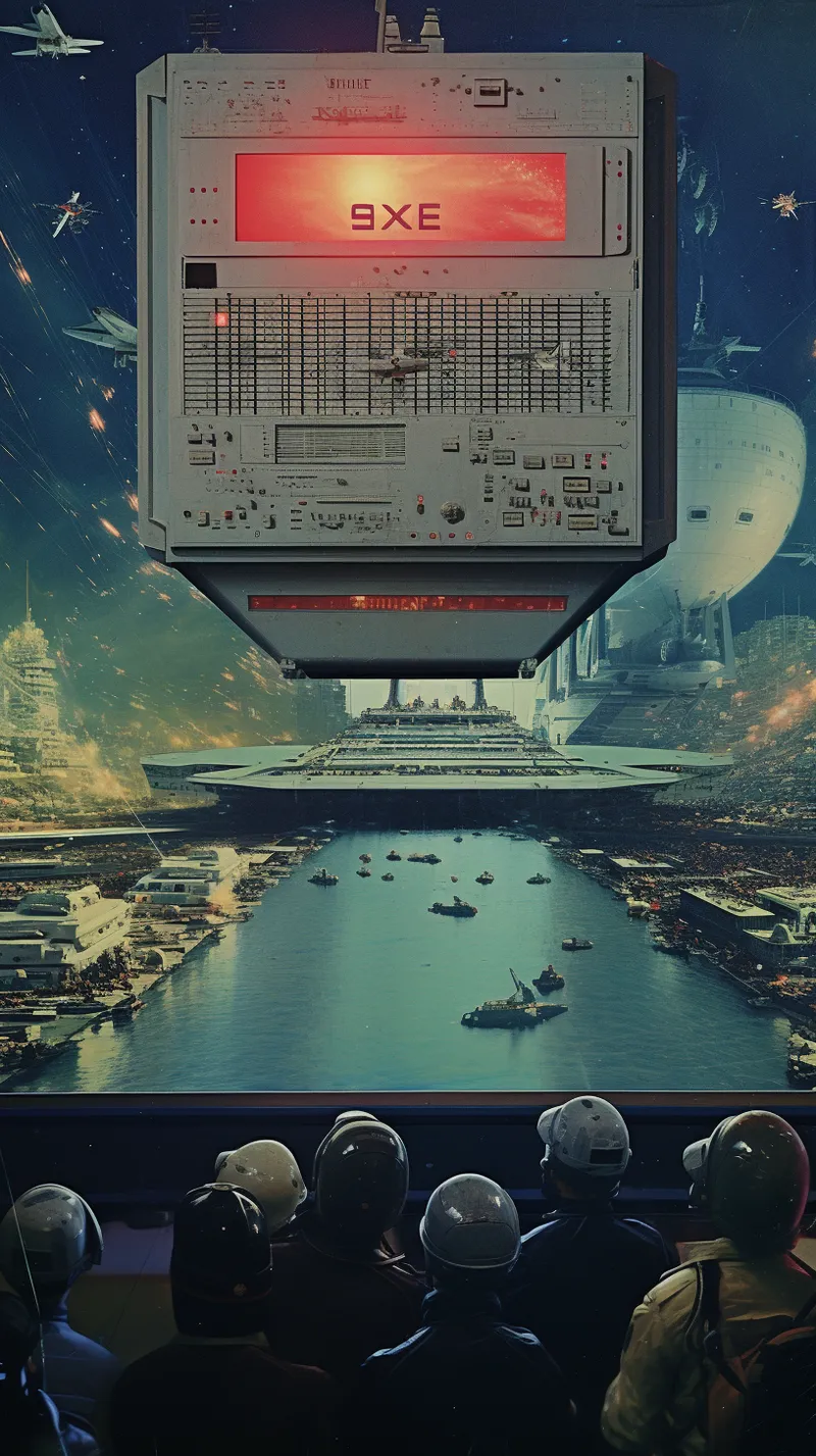 Ilustración de una gran estructura o nave blanca con las letras 9XE en rojo, flotando sobre un puerto con barcos y naves pequeñas alrededor, con un grupo de personas con casco observando en primer plano, de noche.