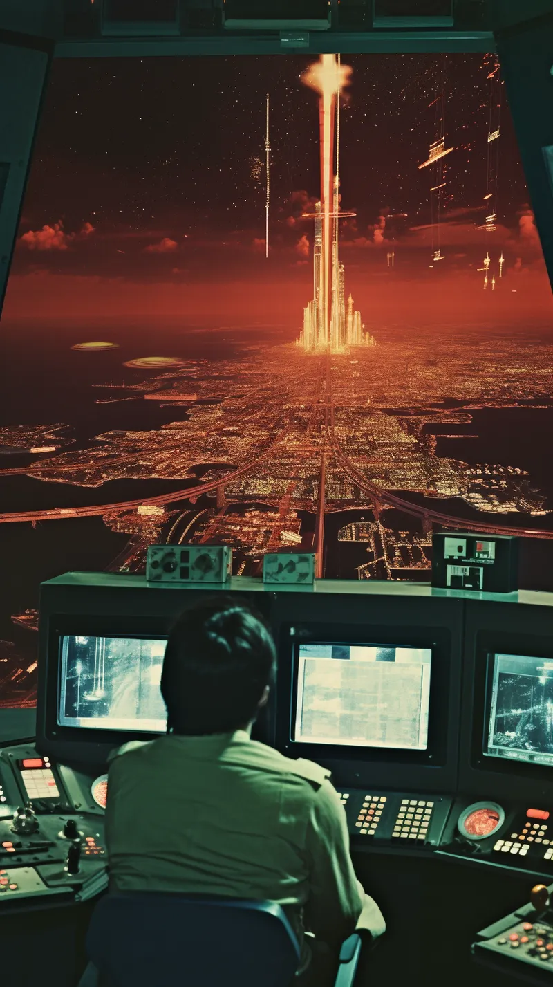 Persona sentada frente a un panel de control con varias pantallas, mirando por una ventana una ciudad futurista de noche con un haz de luz rojo que se eleva desde una torre hacia el cielo.