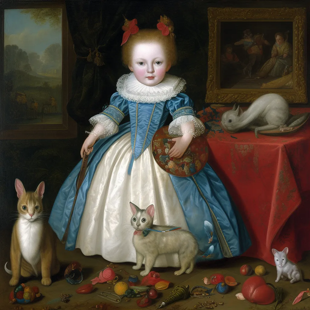 Pintura al óleo de una niña con vestido azul y blanco y lazo rojo en el cabello, de pie junto a una mesa con un conejo blanco, un gato y un perro pequeño, con frutas dispersas en el suelo y cuadros al fondo.