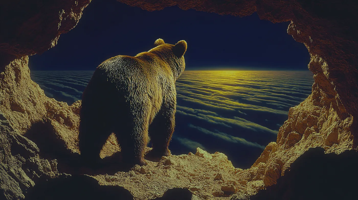 Un oso de pie en la entrada de una cueva de piedra, mirando hacia un mar oscuro iluminado por la luna, de noche, con el reflejo dorado de la luz sobre el agua.