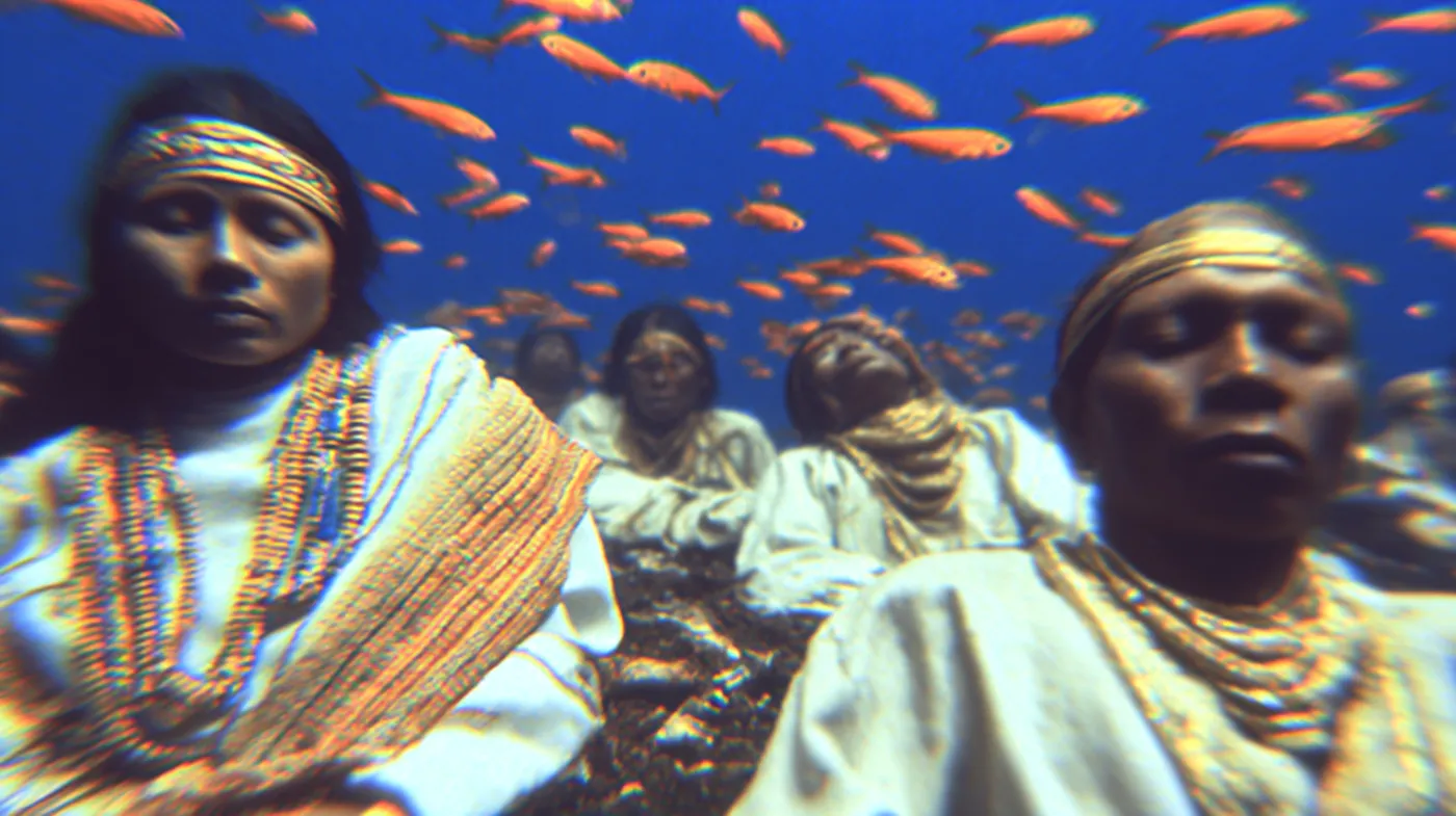 Fotografía submarina de varias personas con vinchas y chales tejidos, flotando bajo el agua rodeadas de un banco de peces color naranja, en un mar azul iluminado.