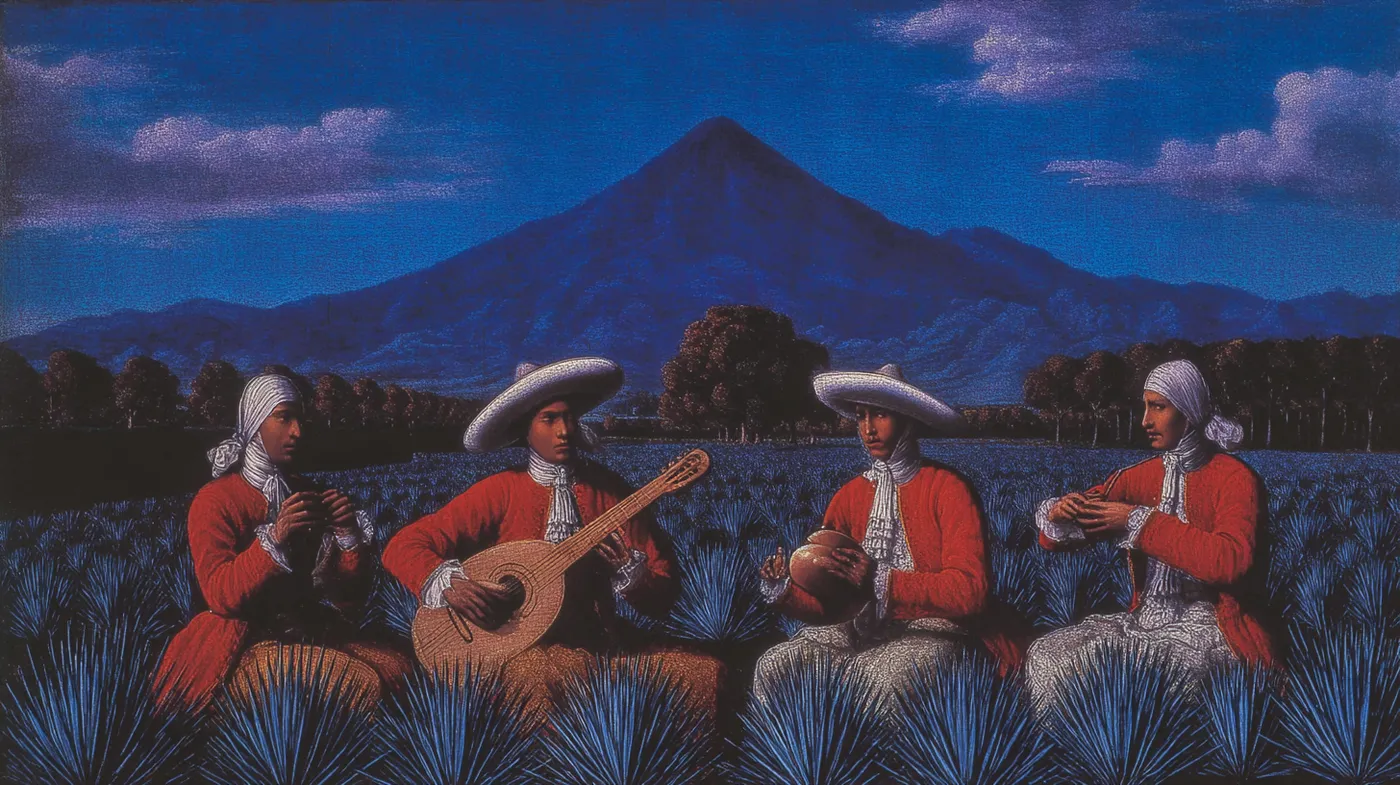 Pintura de cuatro músicos con chaquetas rojas y sombreros blancos, sentados en un campo de agaves azules tocando instrumentos de cuerda, con un volcán al fondo bajo un cielo azul oscuro.