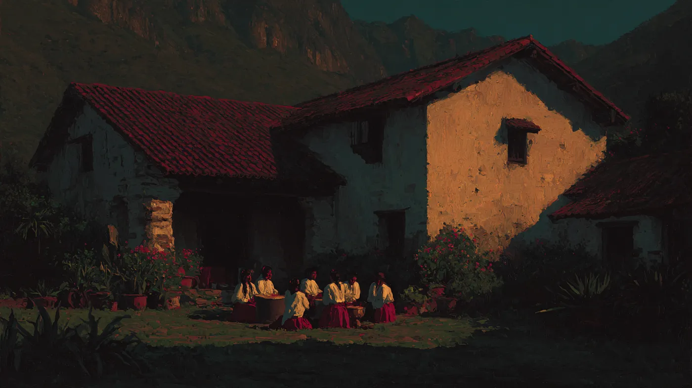Casa rural de tejas rojas iluminada por luz cálida al anochecer, con un grupo de personas sentadas en círculo cerca de la pared, montañas oscuras al fondo.