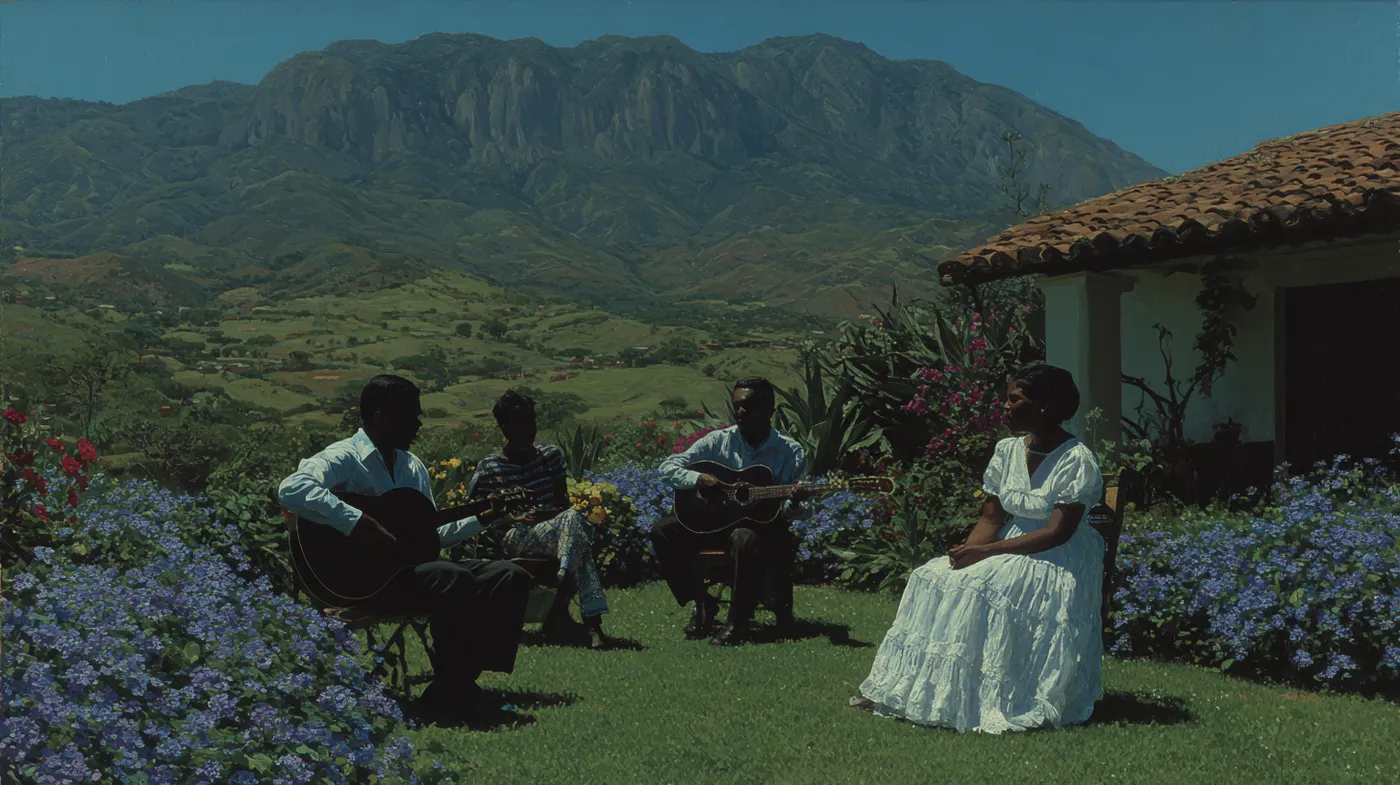 Grupo de personas en un jardín con flores moradas y azules, dos hombres tocando guitarra sentados y una mujer con vestido blanco, frente a una casa con techo de tejas rojas y montañas al fondo, de día.