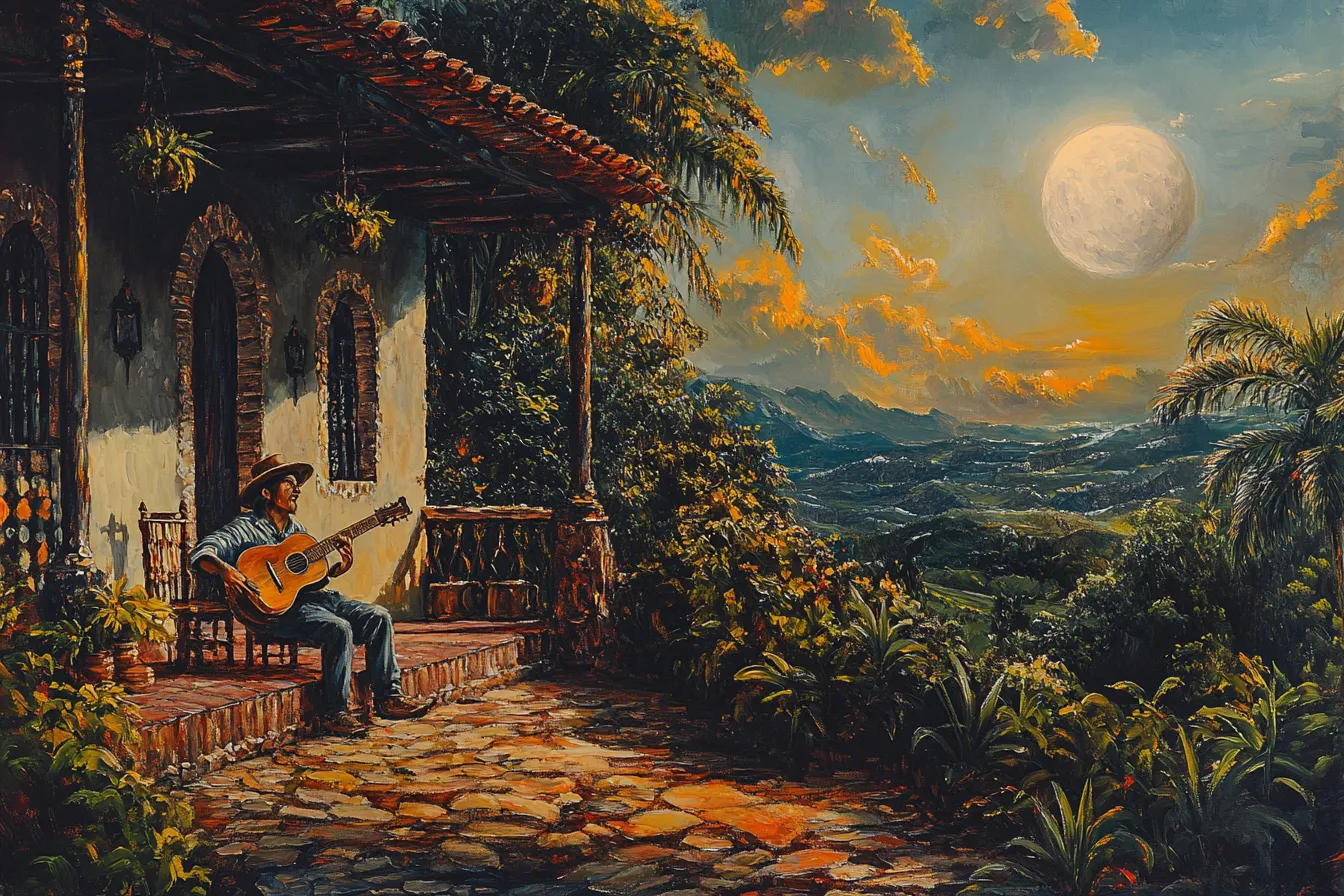 Pintura de un hombre con sombrero tocando guitarra sentado en el porche de una casa blanca con arcos, rodeado de plantas tropicales, con una luna grande saliendo sobre las colinas al atardecer.