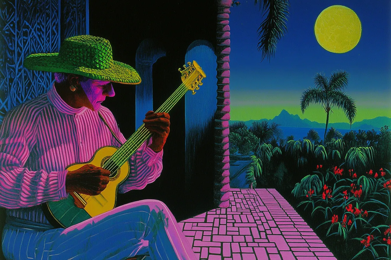 Pintura en colores neón de un hombre con sombrero verde tocando guitarra en un porche con piso de baldosas rosadas, palmeras y una luna amarilla grande al fondo, en tonos magenta y cian.