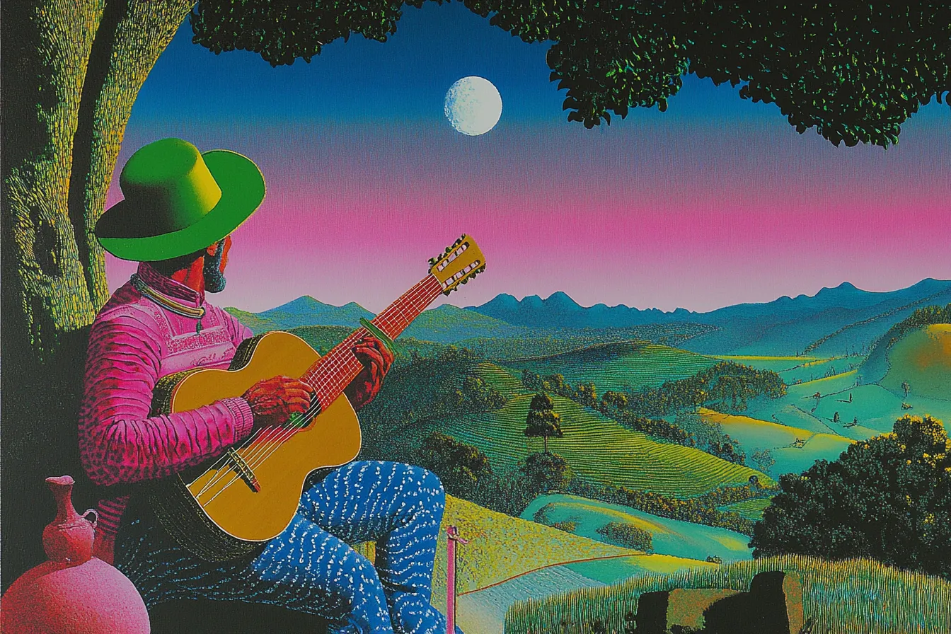 Hombre con sombrero verde y camisa rosa toca la guitarra sentado bajo un árbol, con una vasija de barro a su lado, frente a un valle verde y montañas bajo un cielo rosado con luna llena.