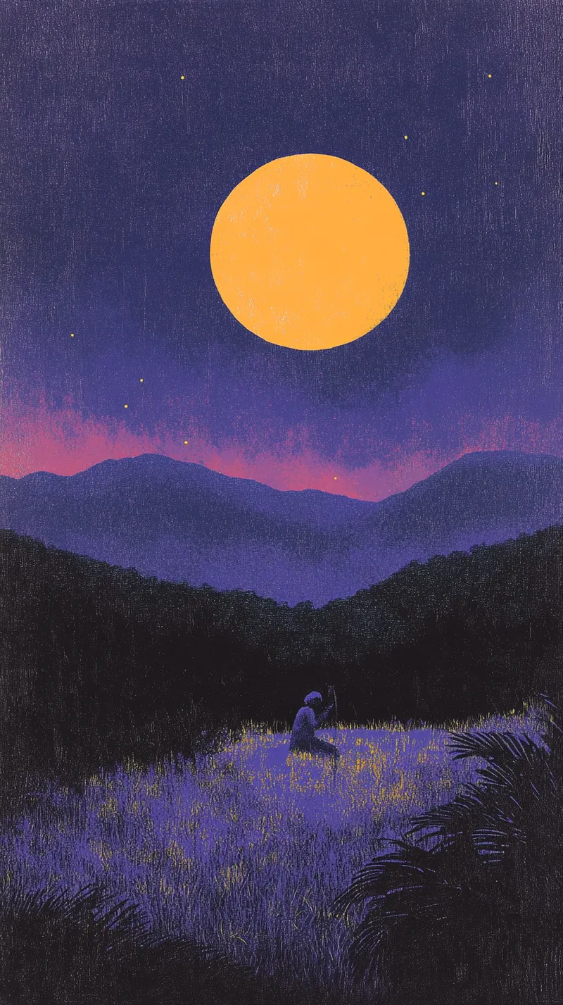 Figura solitaria de pie en un campo oscuro sosteniendo una herramienta en alto, bajo una luna naranja enorme y un cielo morado con montañas y estrellas al fondo.