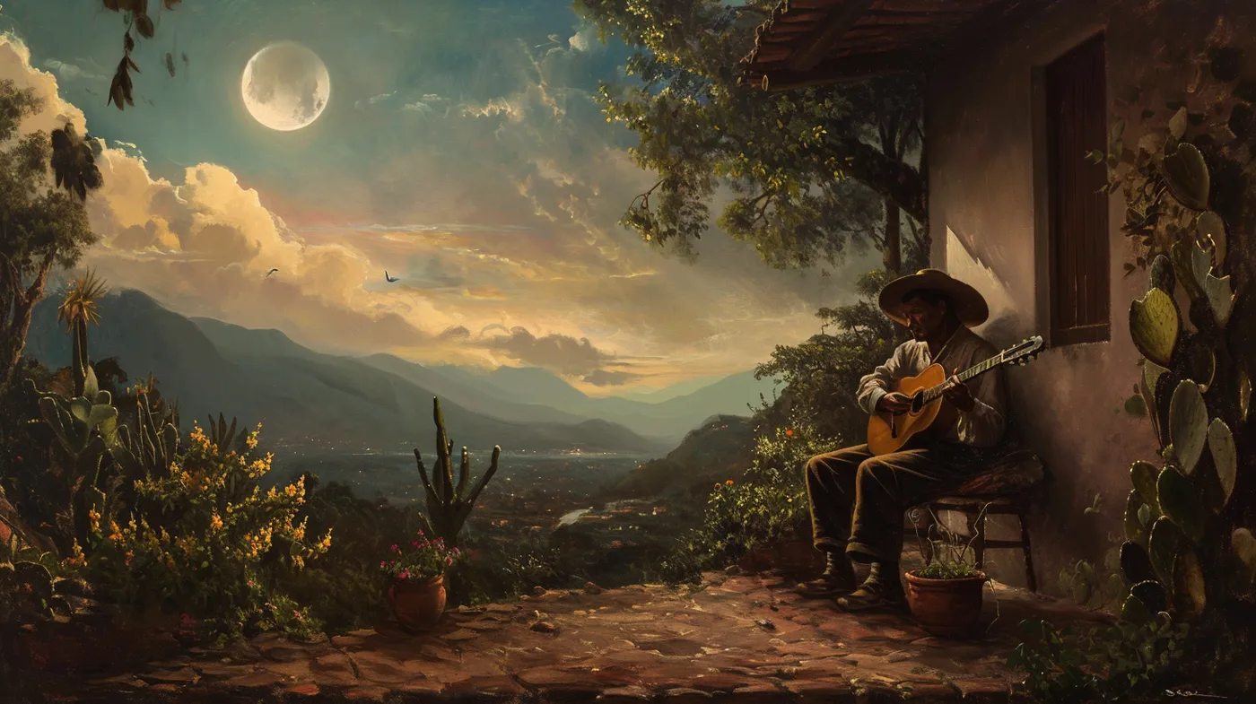 Hombre con sombrero de ala ancha toca la guitarra sentado en el porche de una casa de adobe, rodeado de cactus en macetas, frente a un valle y montañas al atardecer con luna creciente.