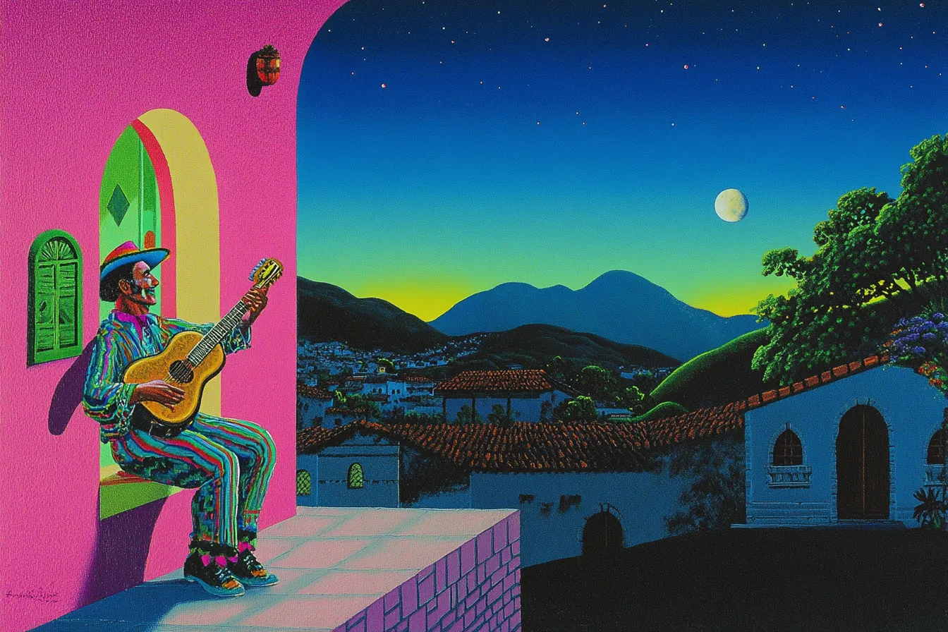 Hombre con sombrero toca la guitarra sentado en un arco de color rosa fucsia, con vista a un pueblo colonial de noche, tejados rojos, montañas azules y luna llena.