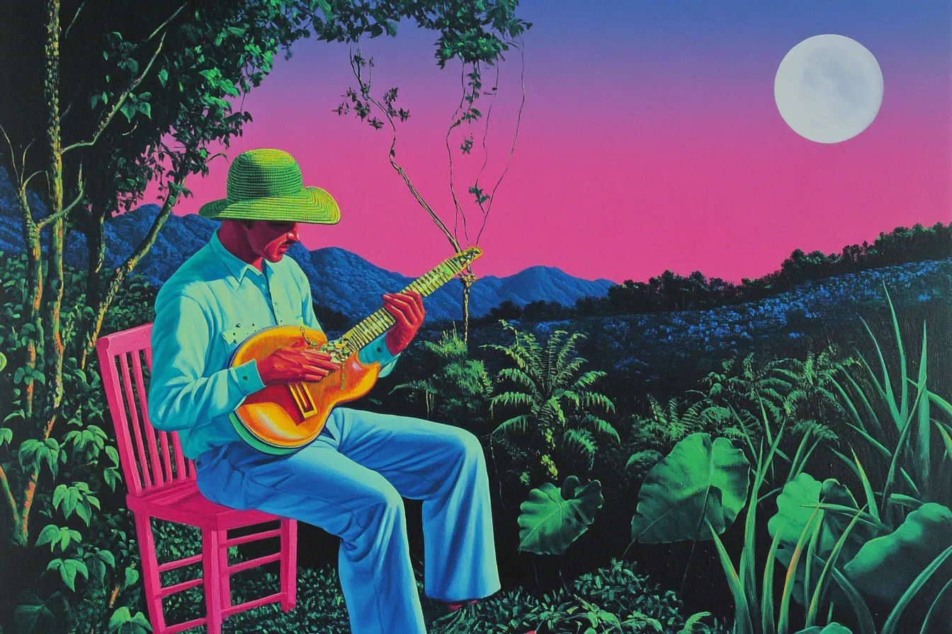 Hombre con sombrero verde y camisa celeste toca una mandolina sentado en una silla rosa, rodeado de vegetación tropical densa, bajo un cielo rosado con luna llena.