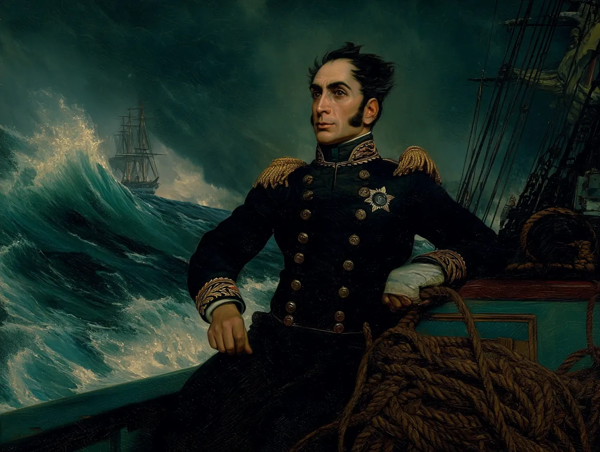 Retrato de un oficial naval con uniforme azul oscuro, charreteras doradas y una medalla en forma de estrella, con un mar tormentoso y un velero al fondo.
