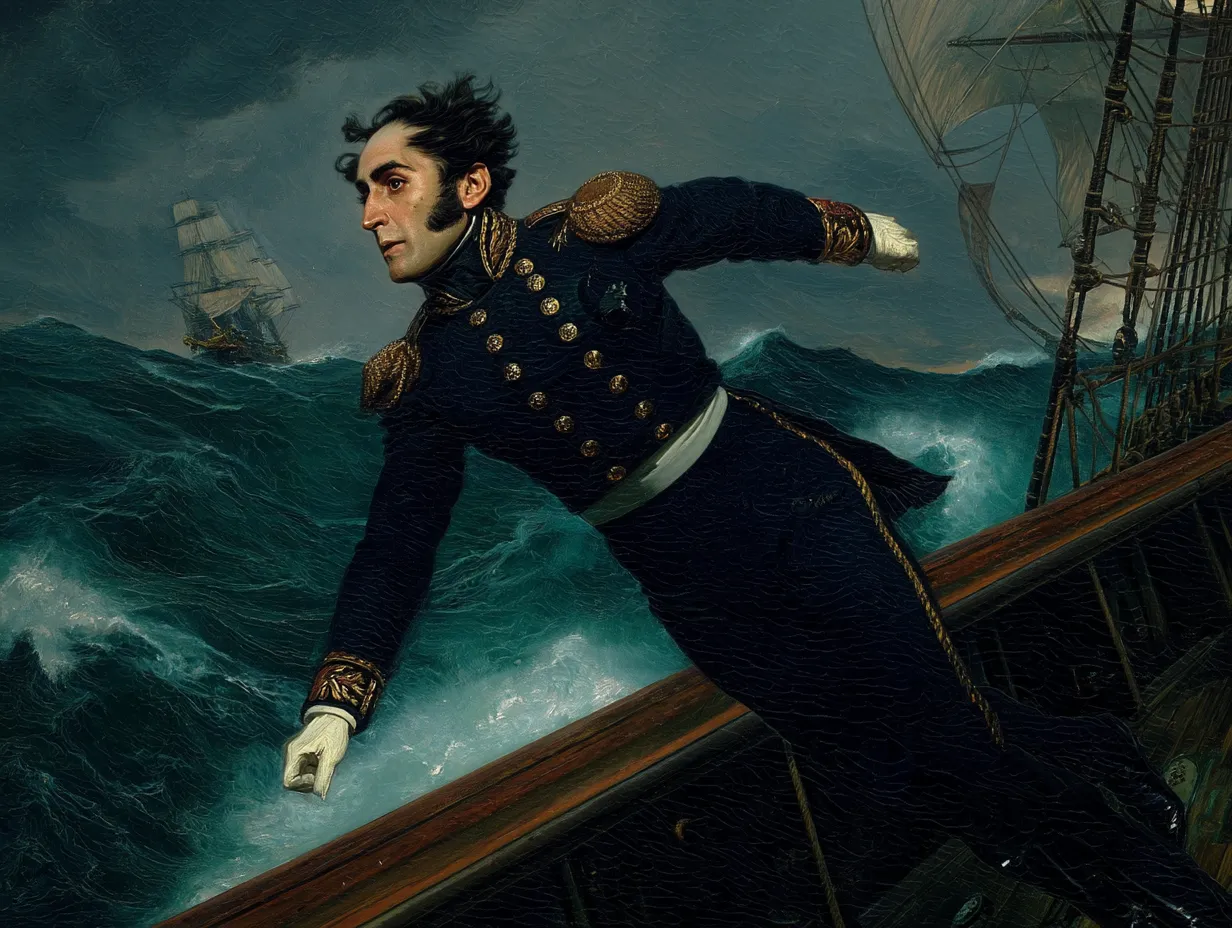 El mismo oficial naval se inclina sobre la borda del barco con el brazo extendido, mientras el mar embravecido golpea el casco y un velero navega al fondo.
