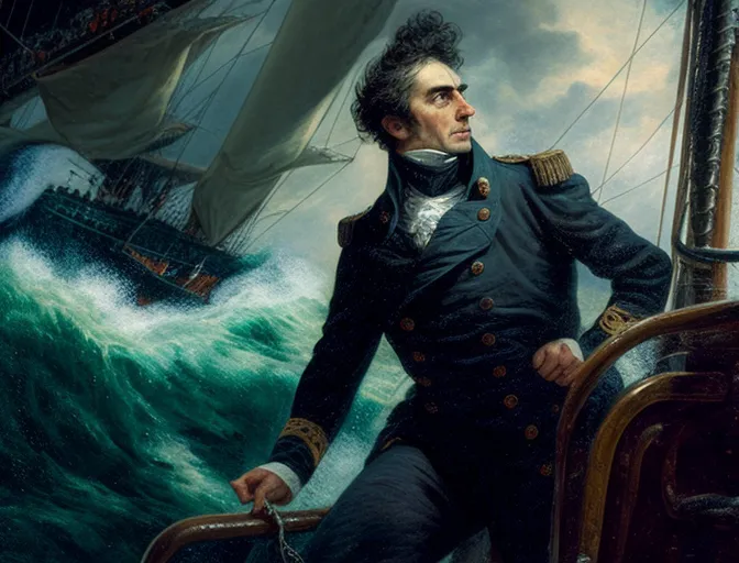 El mismo oficial naval está de pie en la cubierta del barco sosteniendo una cuerda, con el mar tormentoso y un velero visible en la distancia.
