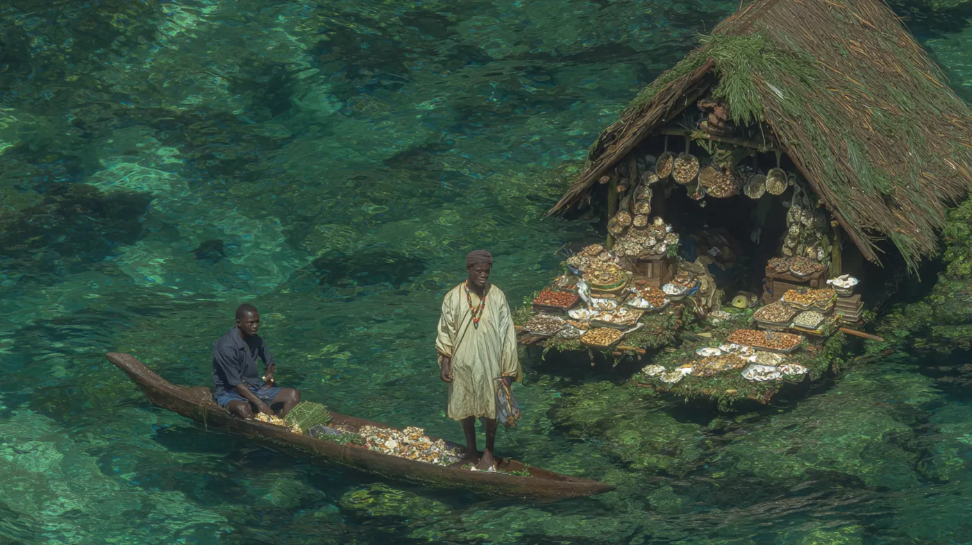 Dos hombres en una canoa de madera junto a una choza flotante con techo de paja cubierto de musgo, uno remando y otro de pie, sobre agua turquesa transparente que deja ver el fondo.