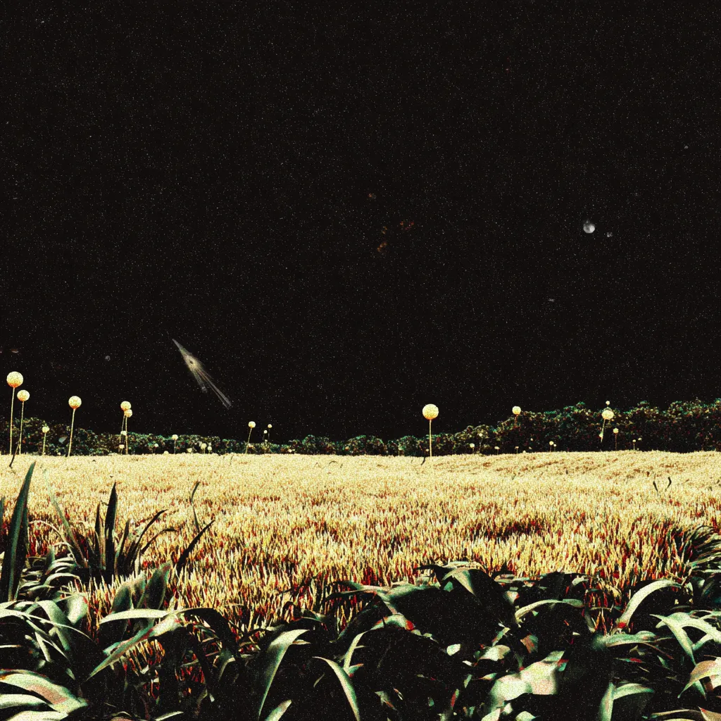 Fotografía vintage de un campo de trigo bajo un cielo nocturno estrellado, con una fila de luces brillantes en el horizonte y una estrella fugaz cruzando el cielo.