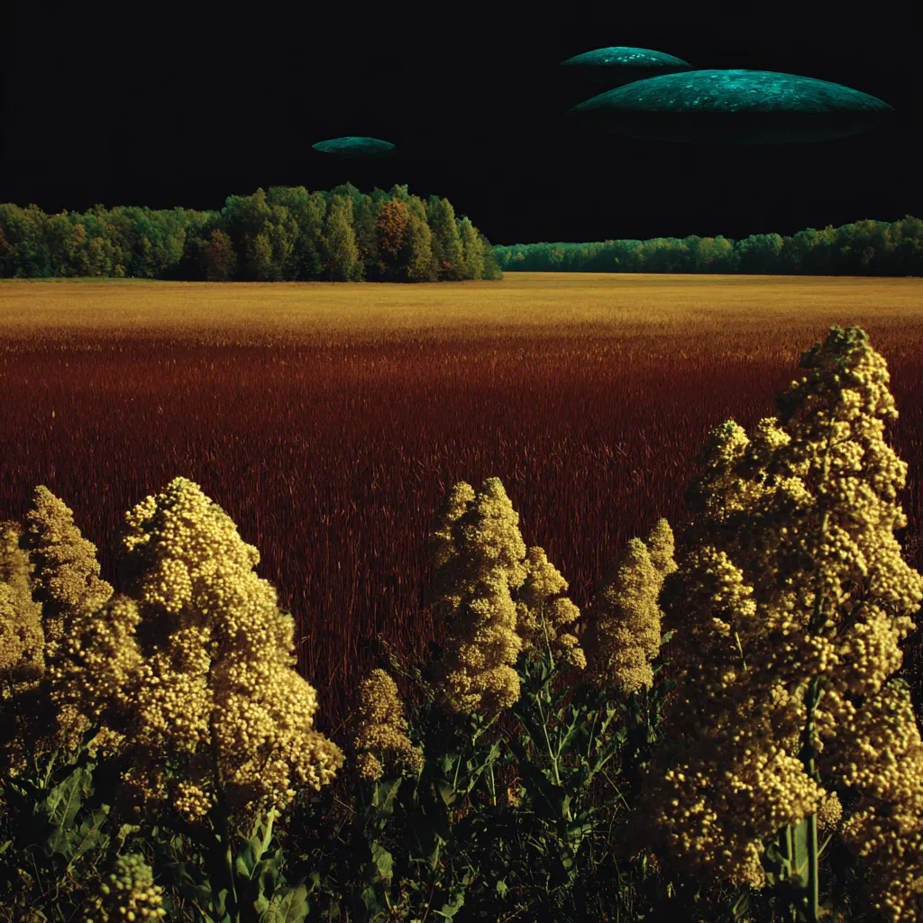 Campo de color rojizo con flores silvestres amarillas en primer plano y un bosque al fondo, bajo un cielo negro con dos objetos voladores en forma de disco de color verde azulado.