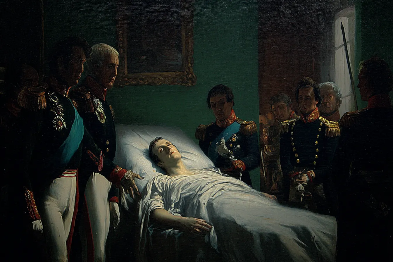 Pintura de un hombre agonizante recostado en una cama con sábanas blancas, rodeado de oficiales militares con uniformes y charreteras doradas, en una habitación en penumbra iluminada por una ventana.