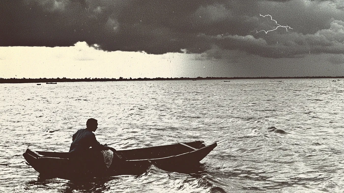Fotografía en blanco y negro de un hombre remando en una canoa de madera sobre un cuerpo de agua extenso, con otra canoa vacía cerca y nubes de tormenta con un rayo al fondo.
